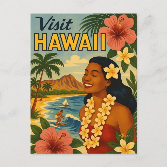 Mid Century Besök Hawaii Turism Konst Vykort (Framsida)