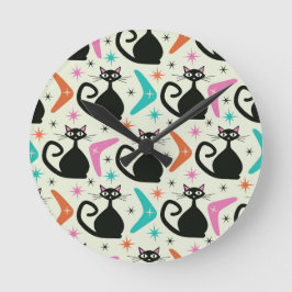 Mid Century Black Atomic Cats with Boomerangs Rund Klocka