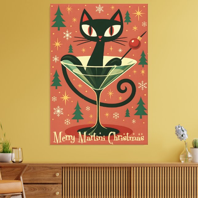 Mid Century Black Cat Merry Martini Christmas Canvastryck (Insitu (Vardagsrum))