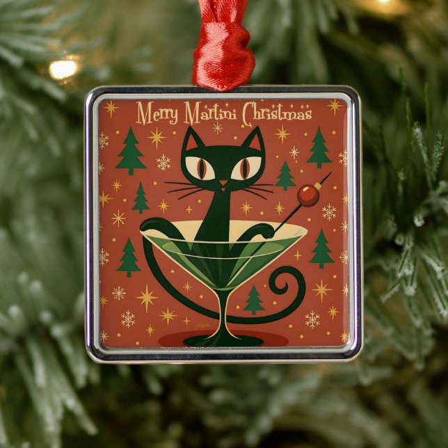 Mid Century Black Cat Merry Martini Christmas Julgransprydnad Metall (Träd)