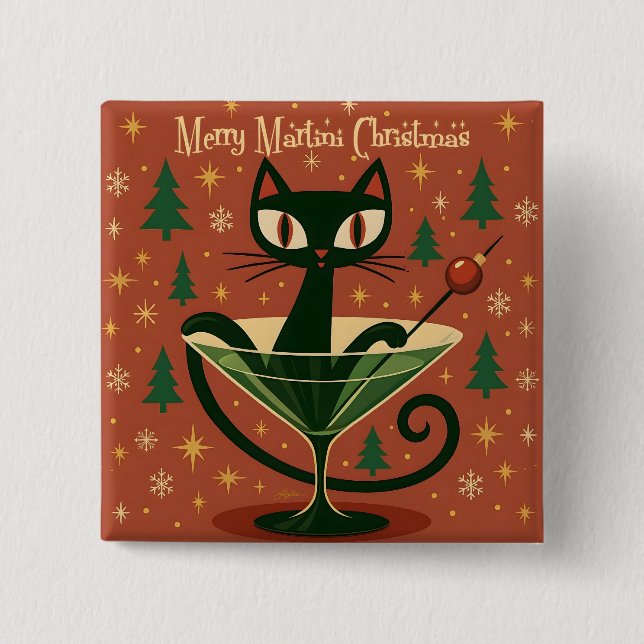 Mid Century Black Cat Merry Martini Christmas Knapp (Framsida)