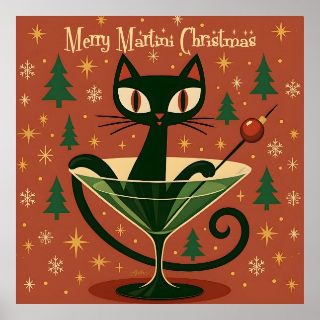 Mid Century Black Cat Merry Martini Christmas Poster (Framsidan)