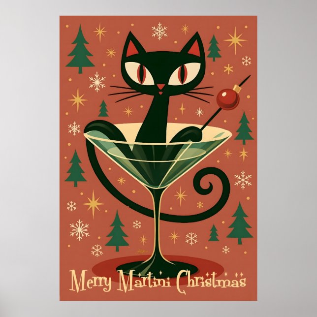 Mid Century Black Cat Merry Martini Christmas Poster (Framsidan)