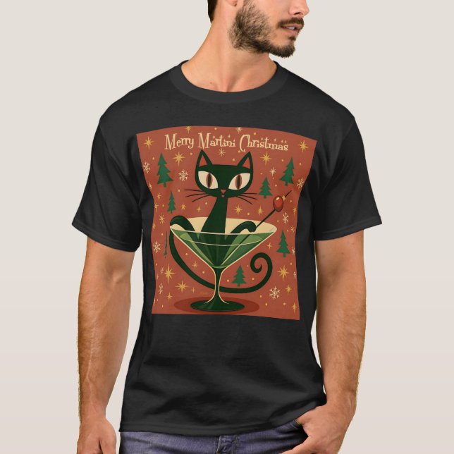 Mid Century Black Cat Merry Martini Christmas T Shirt (Framsida)