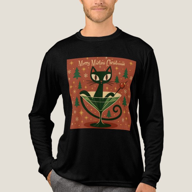 Mid Century Black Cat Merry Martini Christmas T Shirt (Framsida)