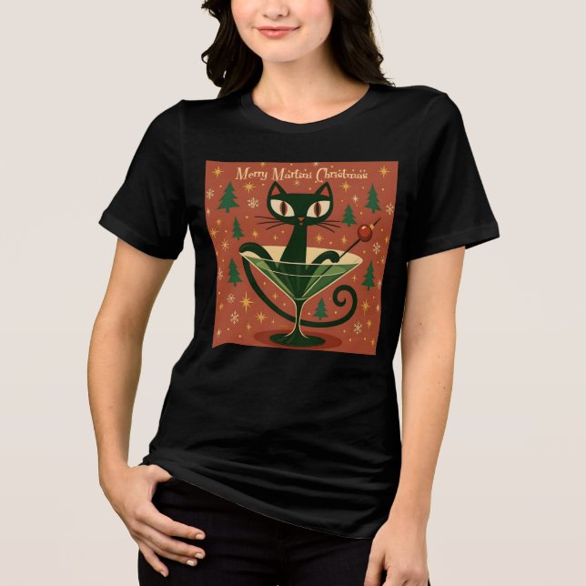 Mid Century Black Cat Merry Martini Christmas T Shirt (Framsida)