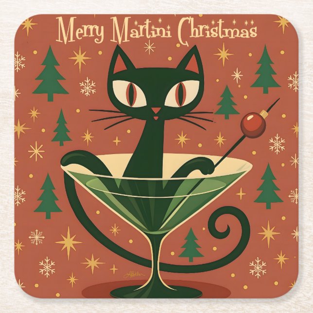 Mid Century Black Cat Merry Martini Christmas Underlägg Papper Kvadrat (Framsidan)
