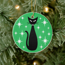 Mid Century Black Cat with White Stars on Green Julgransprydnad Keramik