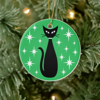 Mid Century Black Cat with White Stars on Green Julgransprydnad Keramik