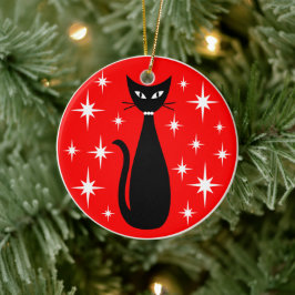 Mid Century Black Cat with White Stars on Red Julgransprydnad Keramik