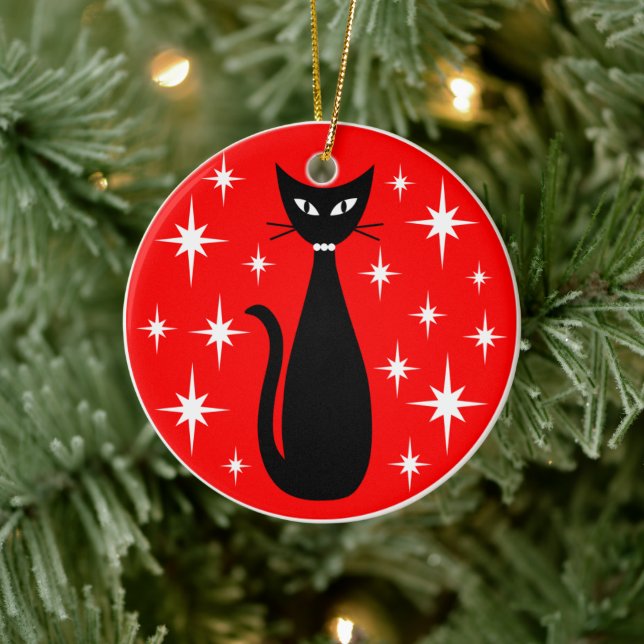 Mid Century Black Cat with White Stars on Red Julgransprydnad Keramik (Träd)