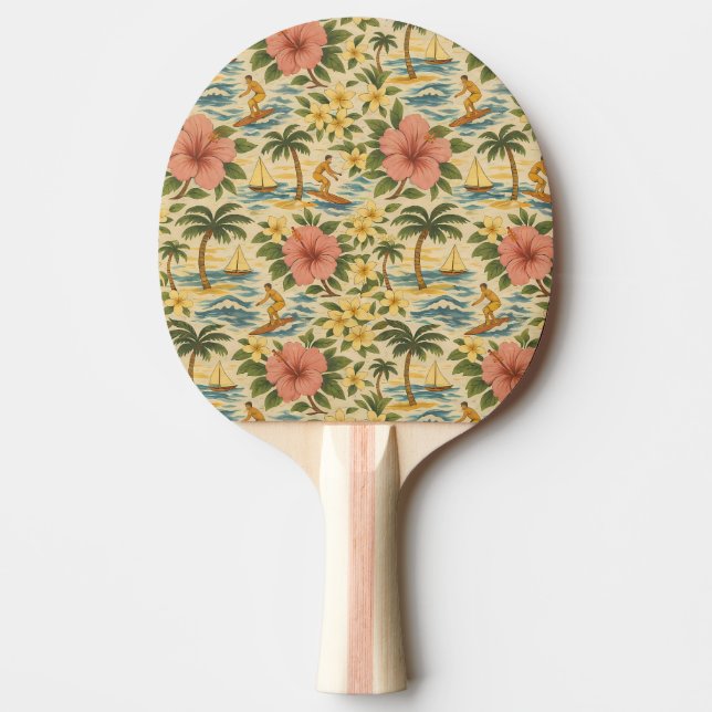 Mid Century Bleknad Hawaiiansk Tröja Print  Pingisracket (Framsidan)