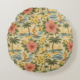 Mid Century Bleknad Hawaiiansk Tröja Print Rund Kudde