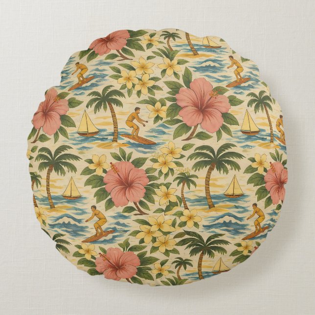 Mid Century Bleknad Hawaiiansk Tröja Print  Rund Kudde (Framsidan)