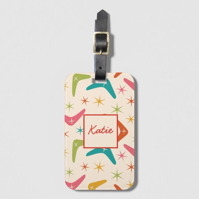 Mid Century Boomerang med Retro Starbursts Anpassn Bagagebricka (Framsida vertikal)