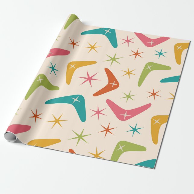 Mid Century Boomerang med Retro-stjärnexplosioner  Presentpapper (Utrullad)