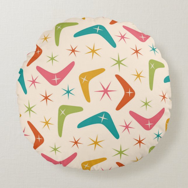 Mid Century Boomerang med Retro-stjärnor Rund Kudde (Framsidan)