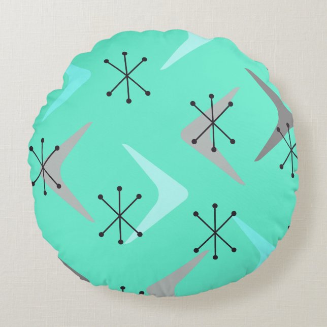Mid Century Boomerangs Starbursts Mint Grönt Rund Kudde (Framsidan)