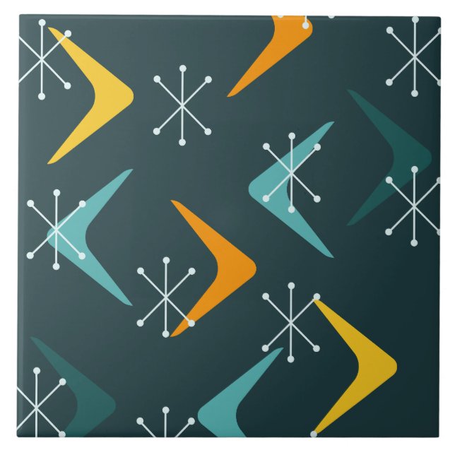 Mid Century Boomerangs Starbursts Teal Kakelplatta (Framsidan)