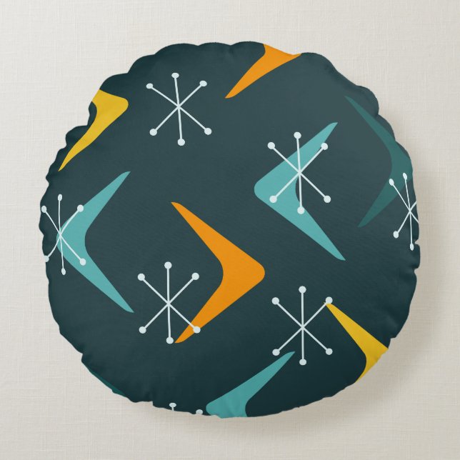 Mid Century Boomerangs Starbursts Teal Rund Kudde (Framsidan)