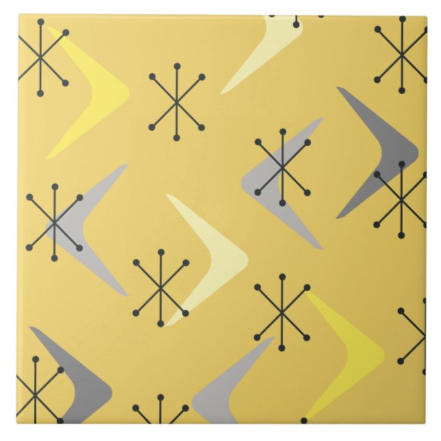 Mid Century Boomerangs Stjärnexplosioner Gul Kakelplatta (Framsidan)