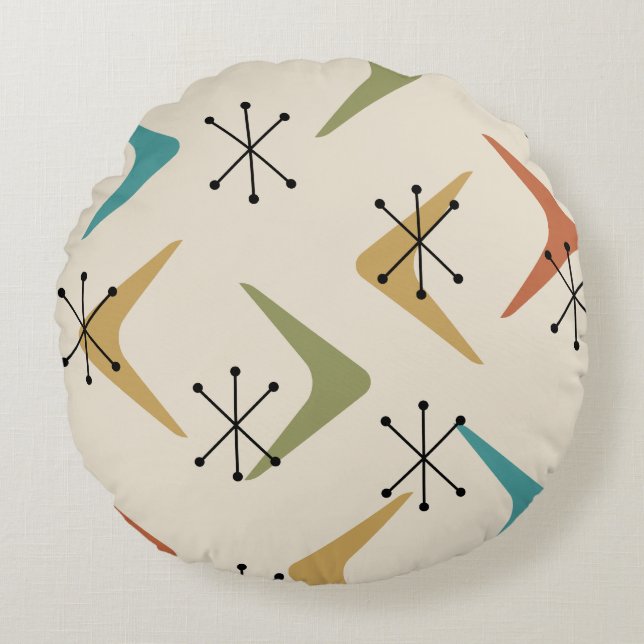 Mid Century Boomerangs Stjärnknippen Flerfärgad Rund Kudde (Framsidan)
