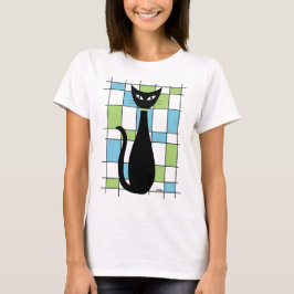 Mid Century Cat Blue and Grönt Rectangars T Shirt