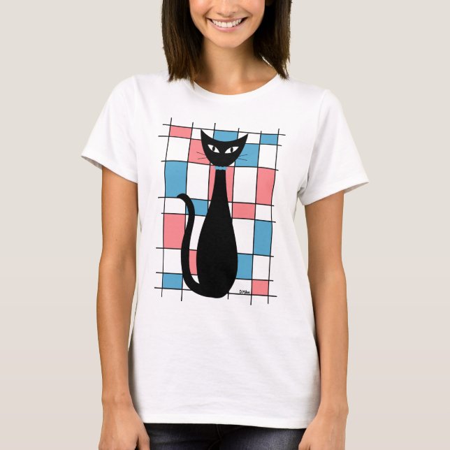 Mid Century Cat Blue and Rosa Rectangars T Shirt (Framsida)