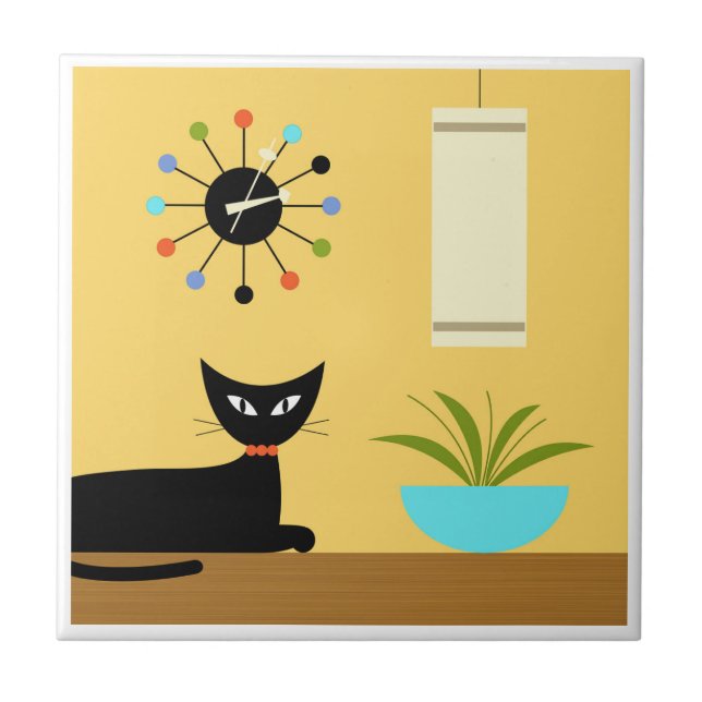 Mid Century Cat med Boll Clock på Gult Kakelplatta (Framsidan)