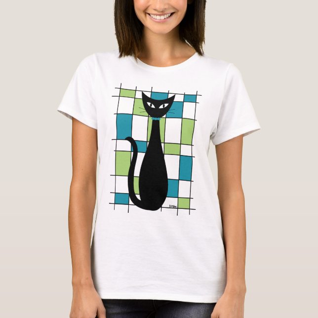 Mid Century Cat med Grönt och skalrektanglar T Shirt (Framsida)
