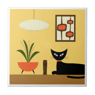 Mid Century Cat med Mod Poder på Gult Kakelplatta