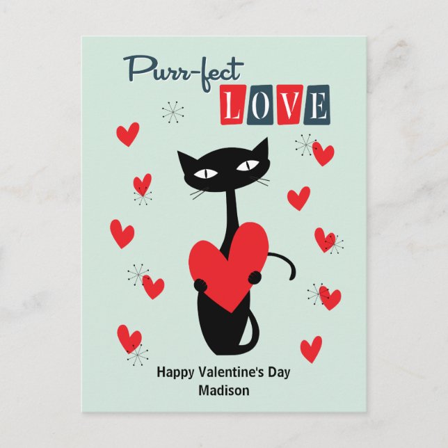 Mid Century Cat valentines day Helg Vykort (Framsida)