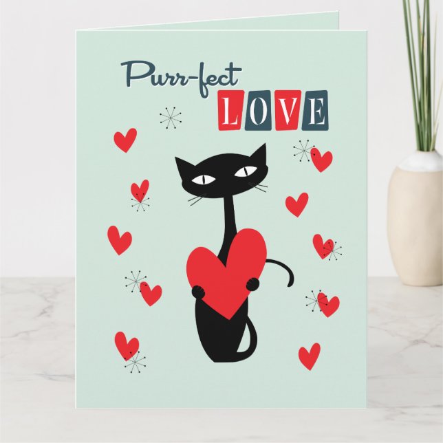 Mid Century Cat valentines day Kort (Framsida)