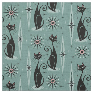 Mid Century Cats and Clock on Spearmint Tyg