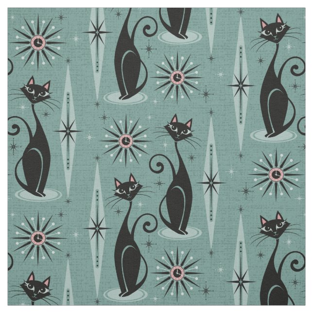 Mid Century Cats and Clock on Spearmint Tyg (Provkarta)