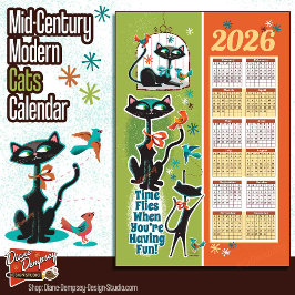 Mid-Century Cats Calendar Kitchen Towel Green/Rust Kökshandduk