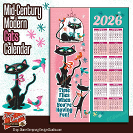 Mid-Century Cats Calendar Kitchen Towel Pink + Aqu Kökshandduk