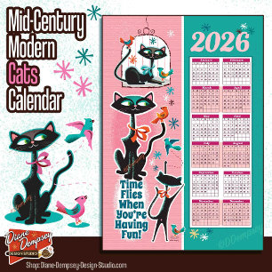 Mid-Century Cats Kalender Kökshandduk Rosa + Akvam