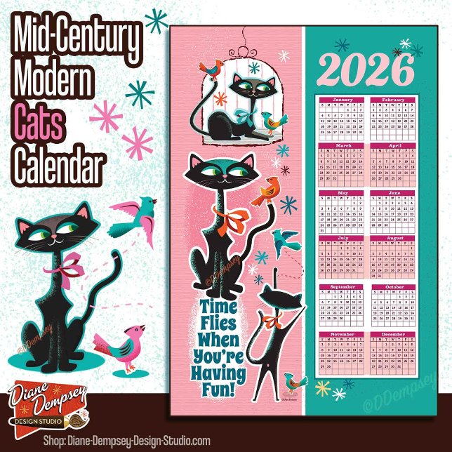 Mid-Century Cats Kalender Kökshandduk Rosa + Akvam (Skapare uppladdad)