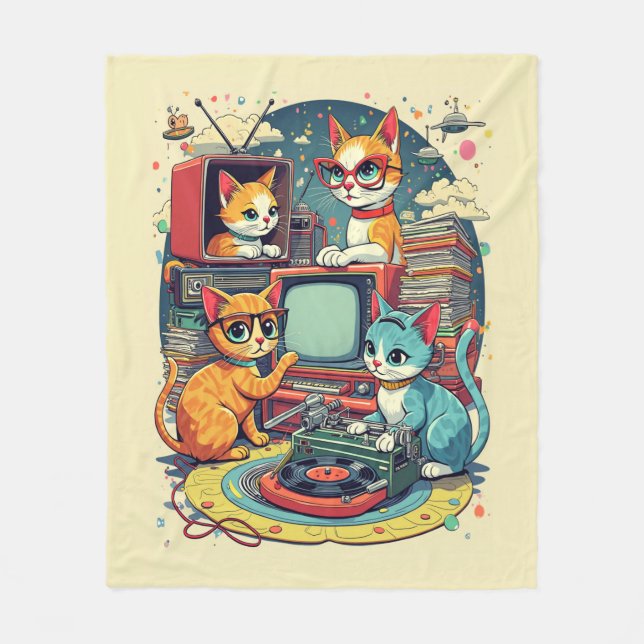 Mid Century Cats med Retro Records & TV Fleecefilt (Framsidan)