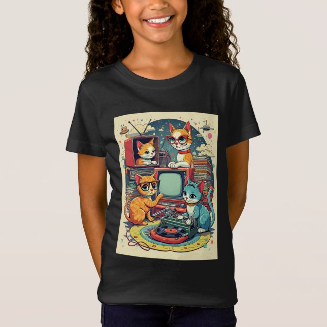 Mid Century Cats med Retro Records & TV T Shirt (Framsida)