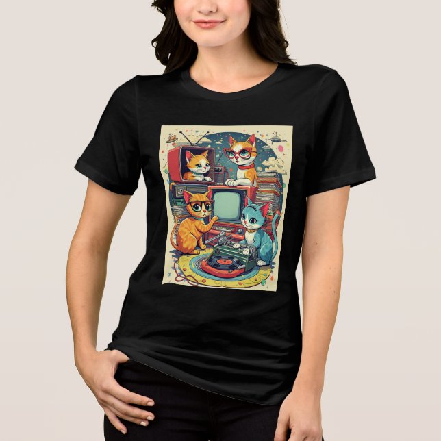 Mid Century Cats med Retro Records & TV T Shirt (Framsida)