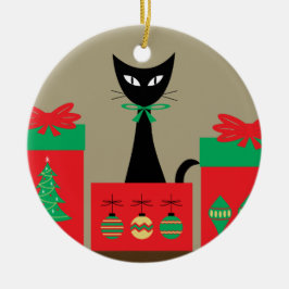 Mid Century Christmas Cat in Box Julgransprydnad Keramik