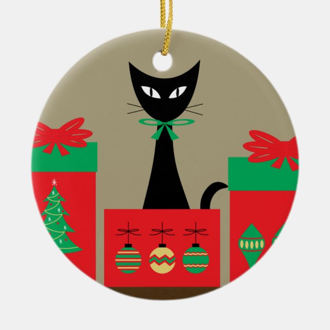 Mid Century Christmas Cat in Box Julgransprydnad Keramik (Framsidan)