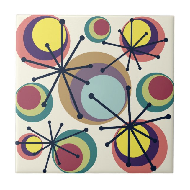 Mid Century Circles Starbursts Colorful Kakelplatta (Framsidan)