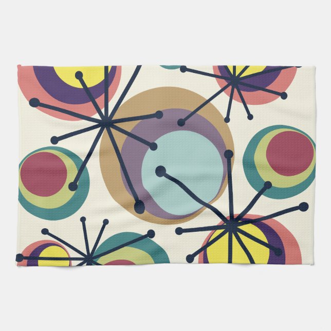 Mid Century Circles Starbursts Colorful Kökshandduk (Horisontell)