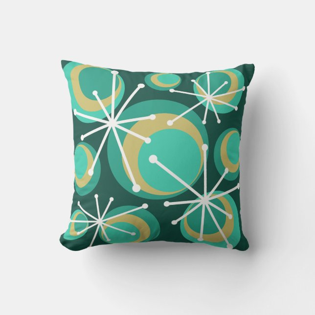 Mid Century Cirkelstjärnburstar Teal Kudde (Framsida)