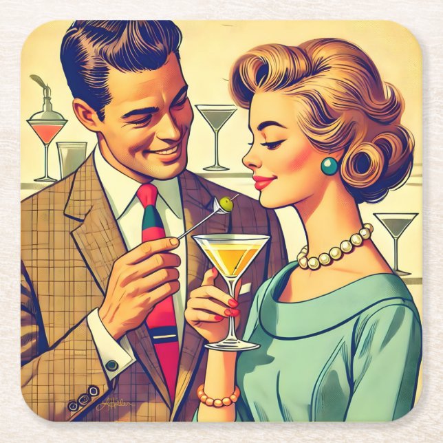 Mid Century Cocktail Party Par - Frestelse Underlägg Papper Kvadrat (Framsidan)