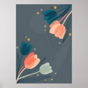 Mid Century Coral Teal Tulpaner Blommig Affisch