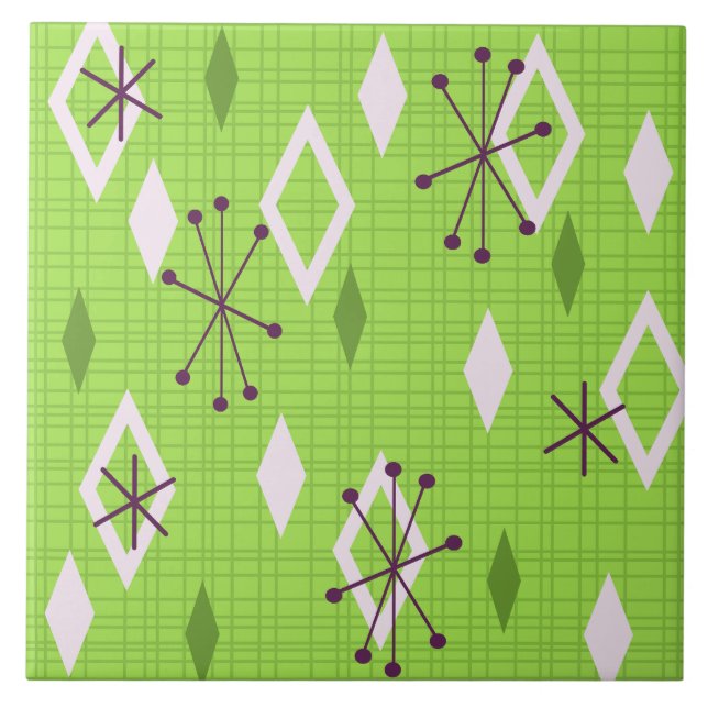 Mid Century Diamonds Starbursts Chartreuse Kakelplatta (Framsidan)